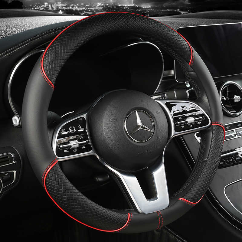 Steering Wheel Covers New Leather Steering Wheel Cover Embossed Non-slip With Round D-shaped Handle For Volkswagen BMW Nissan Nissan T231122