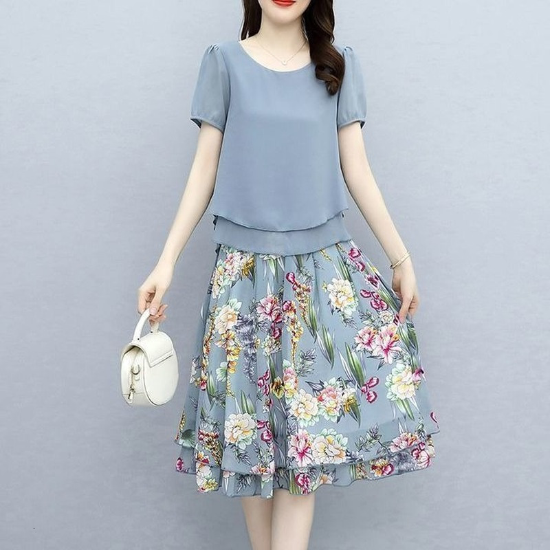 Two Piece Dress Two Piece Sets Women Summer Chiffon Print Shirt and Midi Skirts 2pcs Set Female Korean Casual Office Skirt Suit 5XL E68 230422