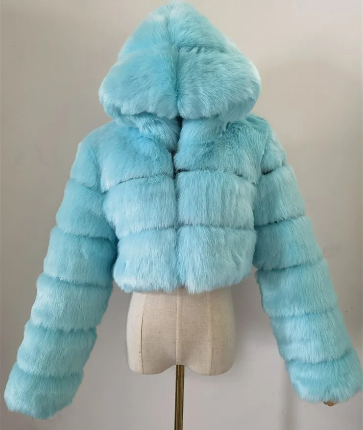 Women's Fur Faux Fur Fashion Hooded Faux Fur Coat Women Winter High Quality Warm Furry Overcoat Elegant Plush Crop Jacket 231121