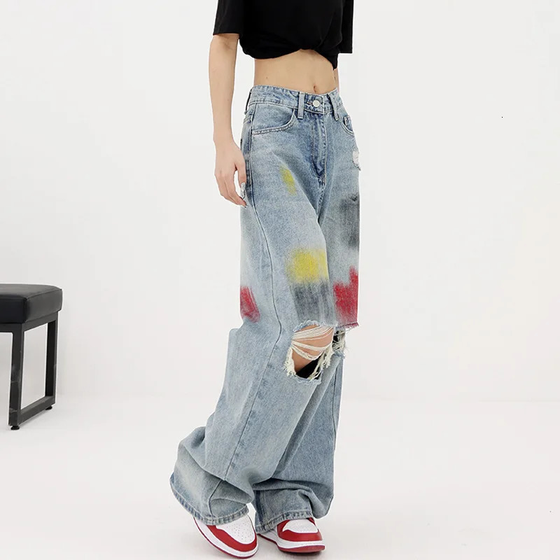 Women's Jeans Summer Graffiti Blue Wash Hole Jeans Women's Wide Leg Pants Floor Slam Pants Straight Tube Pants Women's Fashion Trend 23