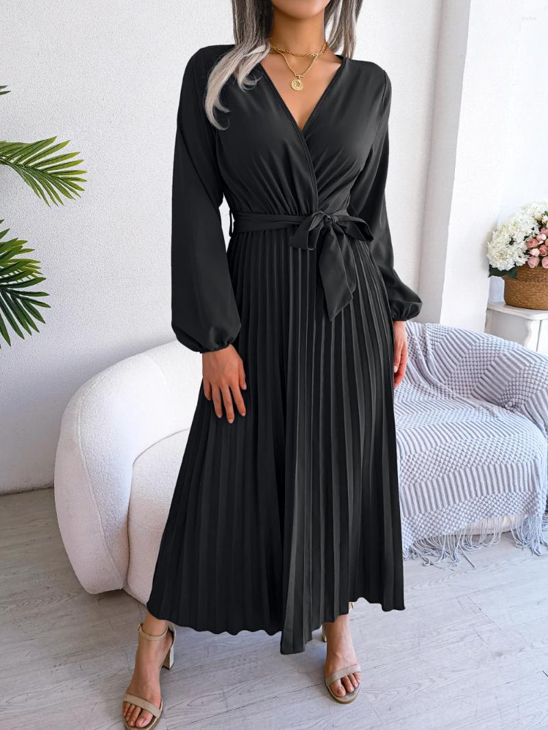 Casual Dresses Autumn And Winter Womens Fashion Style Cross V-neck Large Fold Solid Color Long Dress