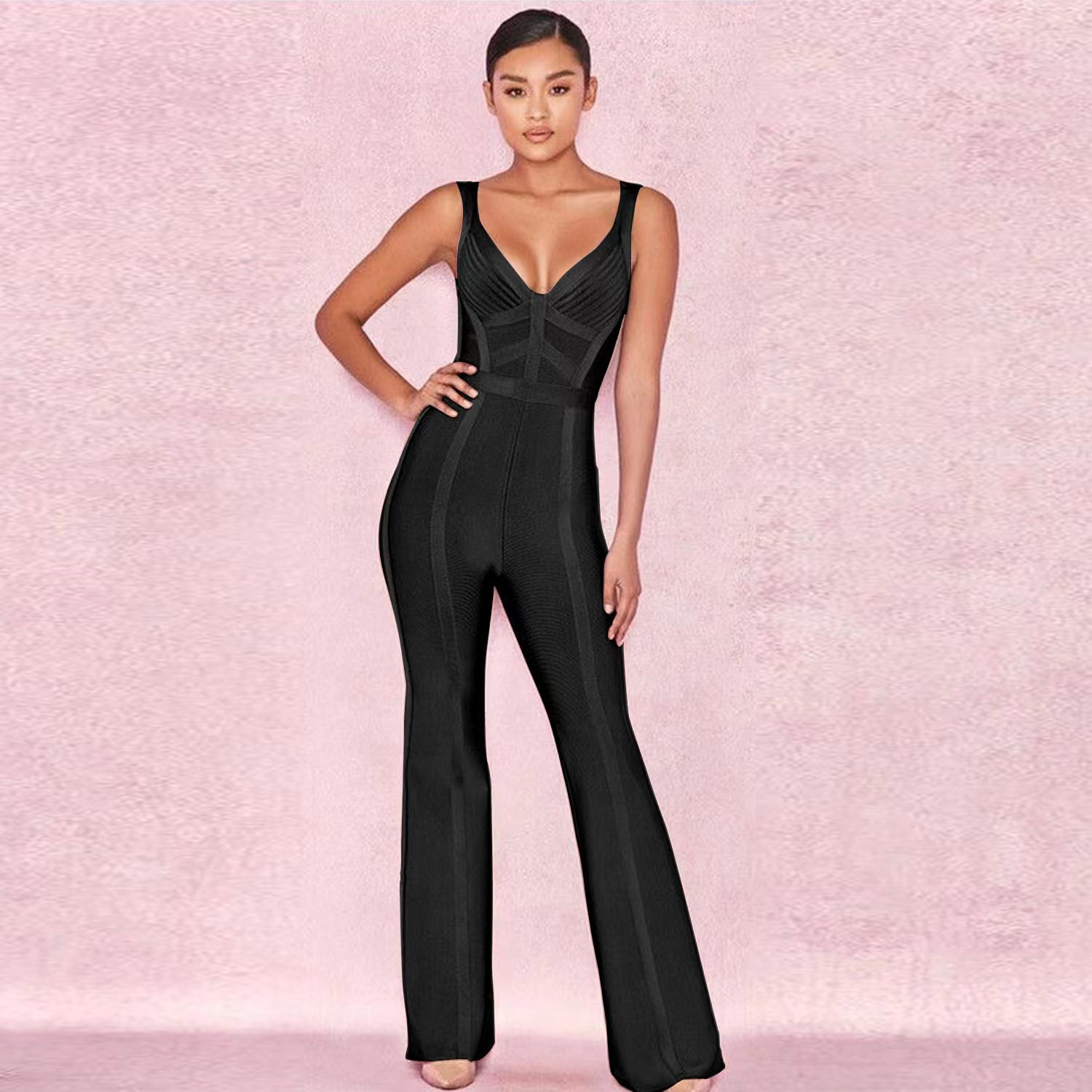 Women's Jumpsuits Rompers Summer Women Bandage Jumpsuits Romper V Neck Sexy Backless Black Khaki Red Strap Long Celebrity Party Evening Elegant 2