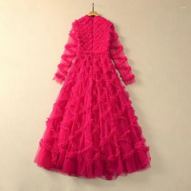 Casual Dresses Top Quality 2024 Spring Autumn Winter Long Party Women Allover Ruffle Lace Flower Pattern Sleeve Dress Special Occasion