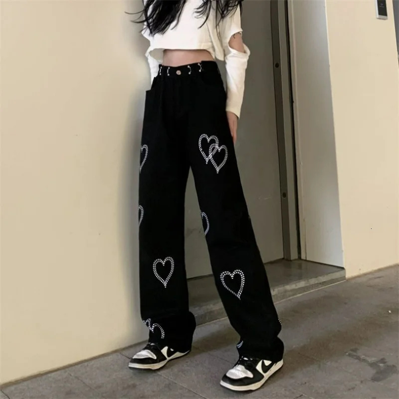 Women's Jeans Streetwear Fashion Women Black Wide Leg Jeans Spring Autumn Korean Casual Pants Hip Hop Harajuku Caring Loose Straight Trousers 231