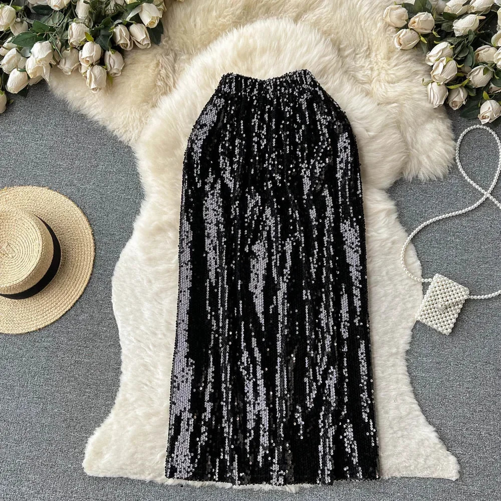 Skirts Women Glitter Sequins High Waist Sexy Skirt Party Fashion Vintage A-line Black Silver Skirts Goth Spring Summer Clothing 231121