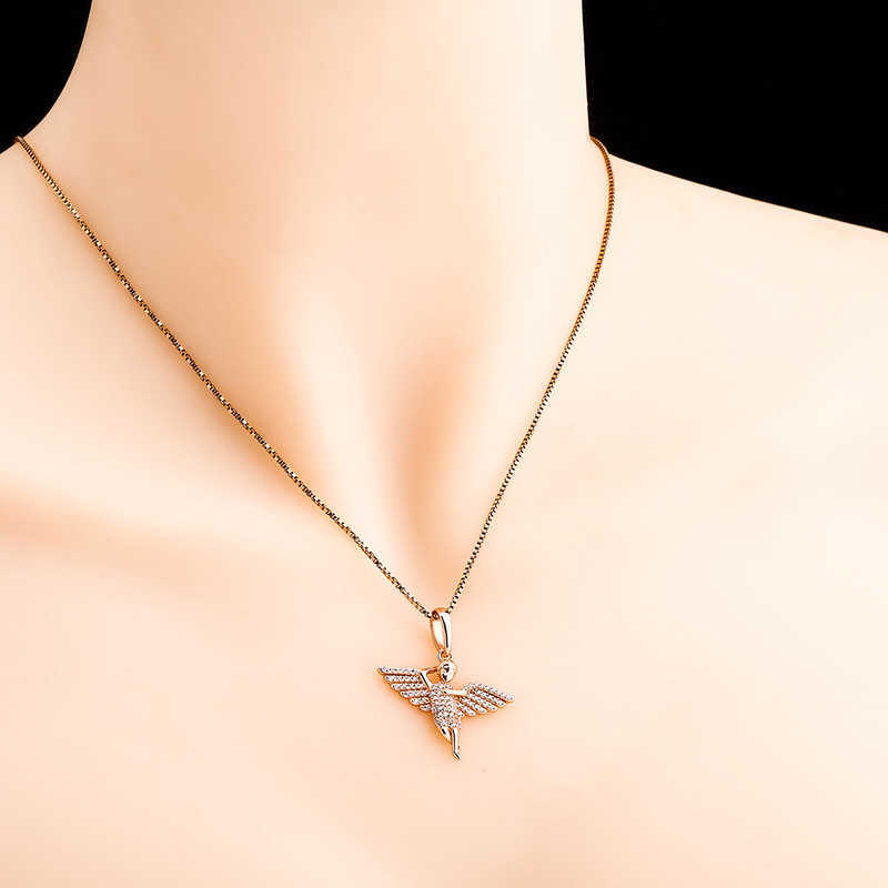 Solid S925 Sterling Silver Angel Wings Pendant Necklace for women Full cubic Zirconia gold plated Hip Hop Female jewelry Accessories Collier birthday 
