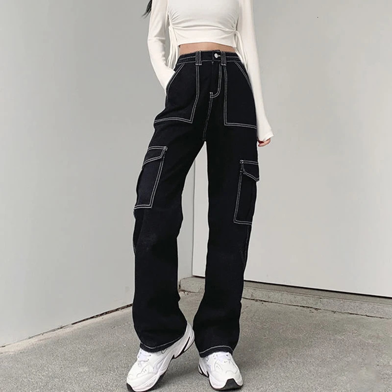 Women's Jeans Streetwear Pockets Black Cargo Jeans Women High Waist Straight Denim Trousers Woman Harajuku Wide Leg Long Pants 231122