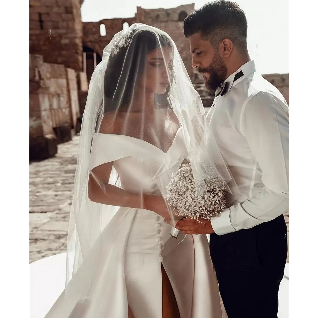 A Line White Wedding Dresses Graceful Off The Shoulder Neck Bridal Gowns With Detachable Train Side Split Satin Vestido De Novia