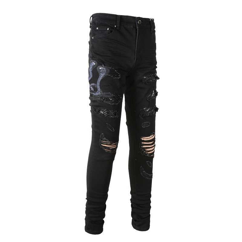 Designer Clothing Fashion Denim Pants Amiiri New Trend Brand Broken Hole Three Headed Snake Embroidery Panel Leather Patch Elastic Slim Fit Black Jeans Men
Designer Clothing Fashion Denim Pants Amiiri New Trend Brand Broken Hole Three Headed Snake Embroidery Panel Leather Patch Elastic Slim Fit Black Jeans Men