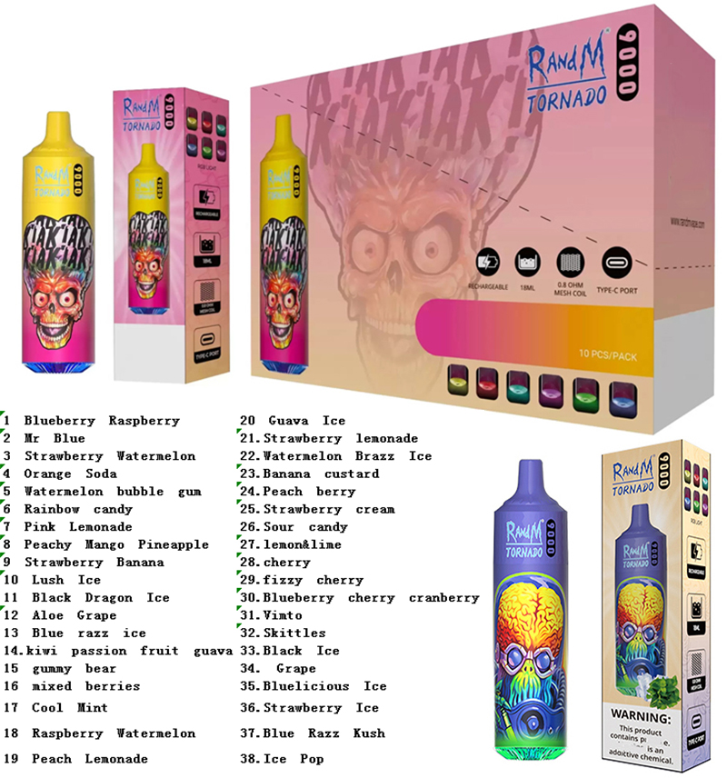 Original RandM Tornado 9000 Puffs Disposable Vape E Cigarettes 0.8ohm Mesh Coil 18ml Pod Battery Rechargeable Electronic Cigs 9K 0% 2% 3% 5% Vape Pen 43 Colors
Original RandM Tornado 9000 Puffs Disposable Vape E Cigarettes 0.8ohm Mesh Coil 18ml Pod Battery Rechargeable Electronic Cigs 9K 0% 2% 3% 5% Vape Pen 43 Colors