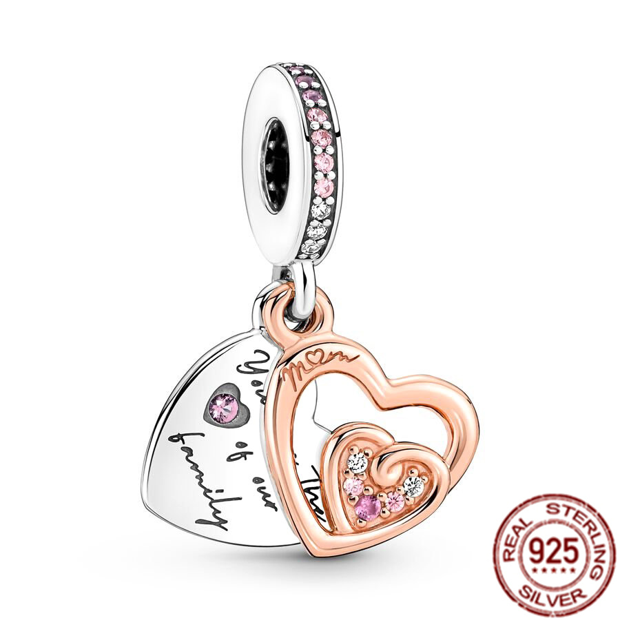 925 Sterling Silver Love You Mom Double Heart Split Dangle Charm Beads Fit Original Bracelet DIY Women Jewelry Gift