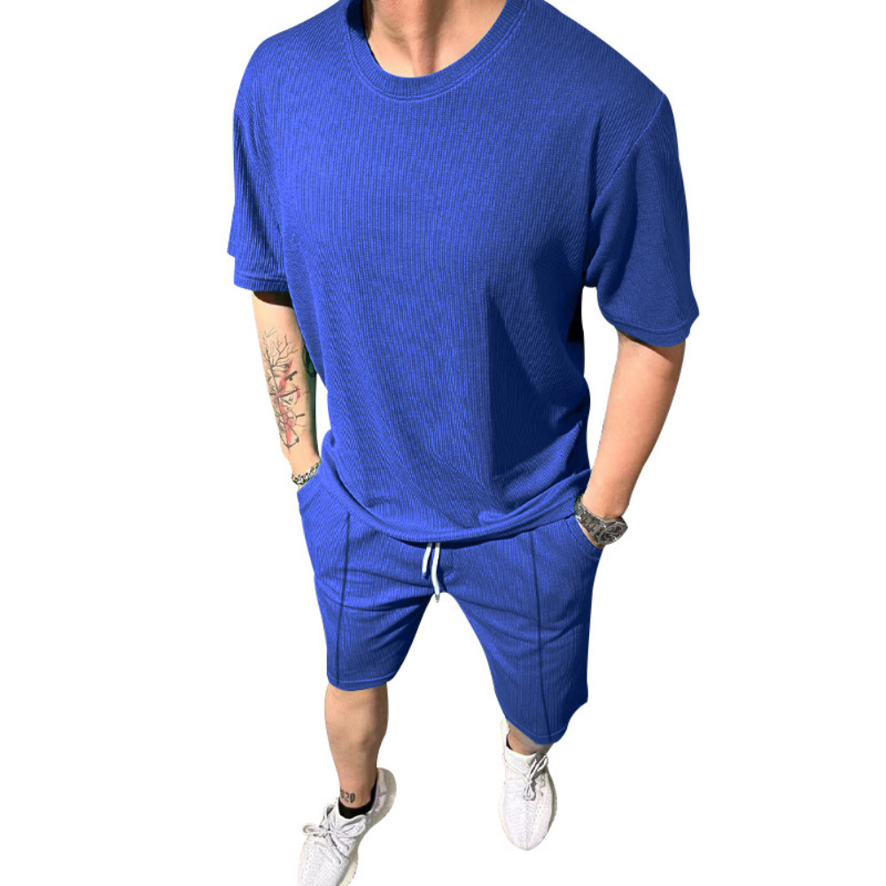 Men's Tracksuits Summer Mens Shirt Sets Thin Solid Breathable Short Sleeve Waffle Shirts Shorts Men Set With Pocket 230422