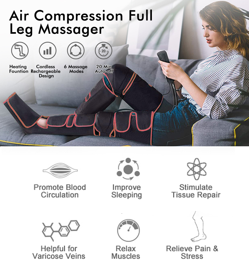 Leg Massagers Massager Air Compression for Circulation Calf Feet Thigh Massage Muscle Pain Relief Sequential Boots Device with Handheld 230422