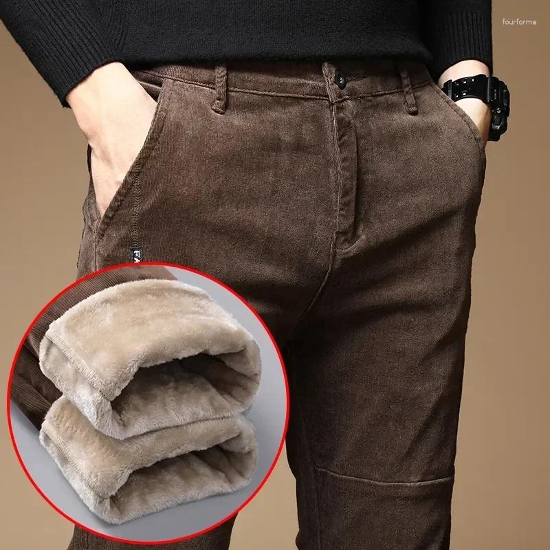 Men's Corduroy Fleece Ed Winter Pants Warm, Slim Fit, Casual Stretch Trousers, Grey, Green, Brown, Black -