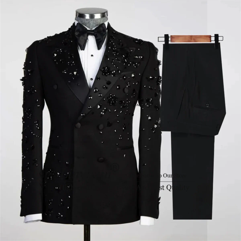 Mens Suits Metal Embellished Tuxedos Men Notch Lapel Groom Wedding Prom Blazers Pants 2 Pieces Sets Terno Masculino Completo