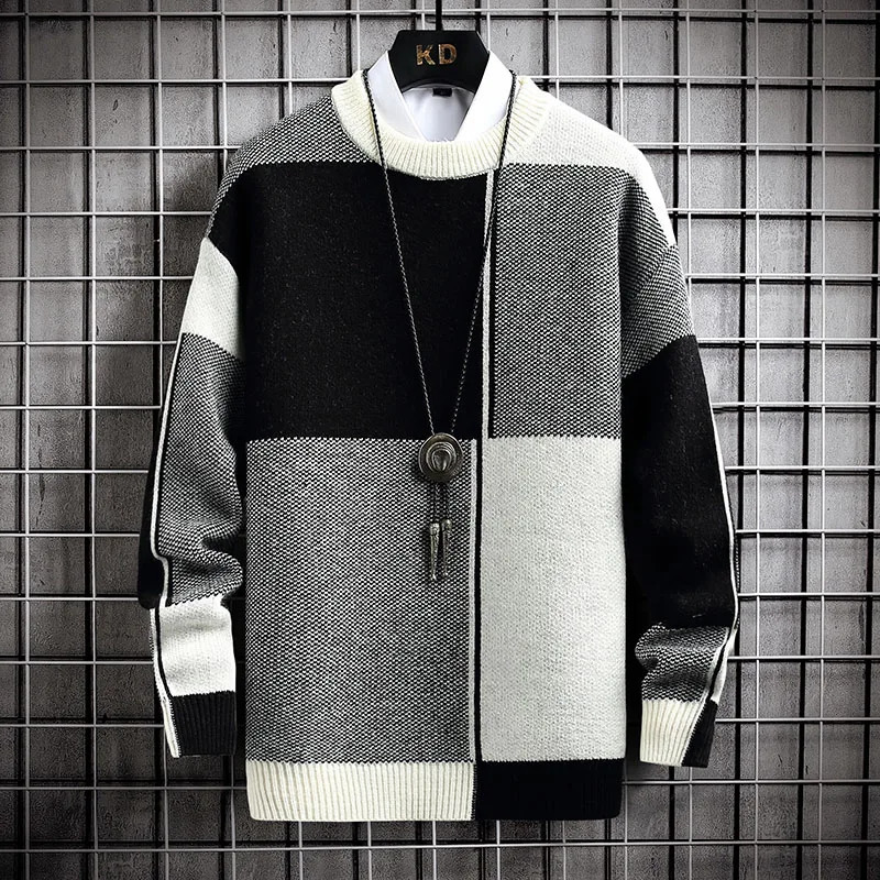 Men's Sweaters Half High Collar Color Blocking Warm Sweater/ High Quality Men Spring Autumn Slim Leisure Korean Long Sleeve Loose Knit Pullover 2