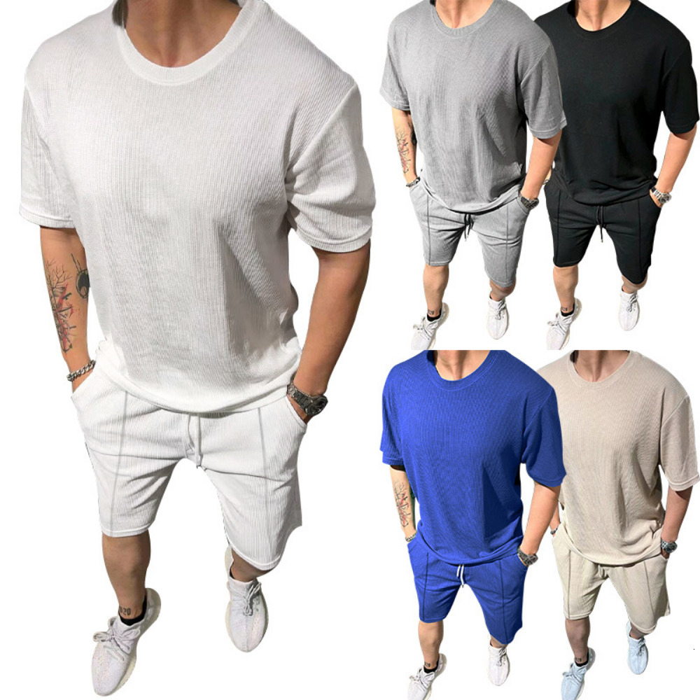 Men's Tracksuits Summer Mens Shirt Sets Thin Solid Breathable Short Sleeve Waffle Shirts Shorts Men Set With Pocket 230422