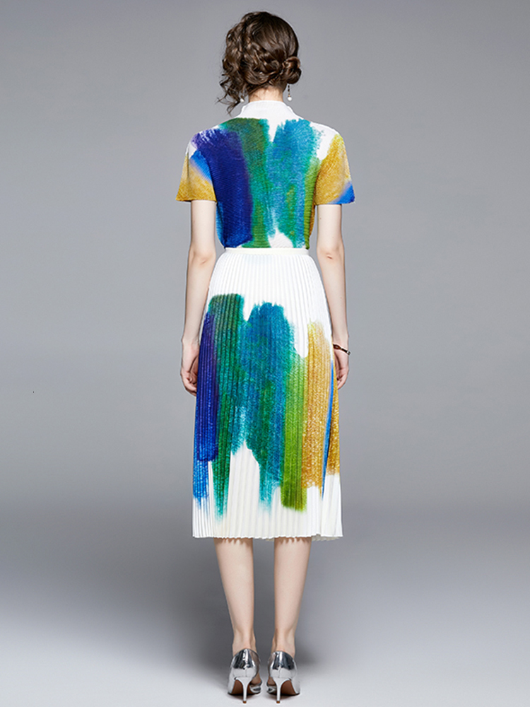 Two Piece Dress Runway Fashion Summer 2 Pieces Set Women Stand Collar Contrast Color Tops High Waist Gradient Printed Skirt Holiday Set 230422