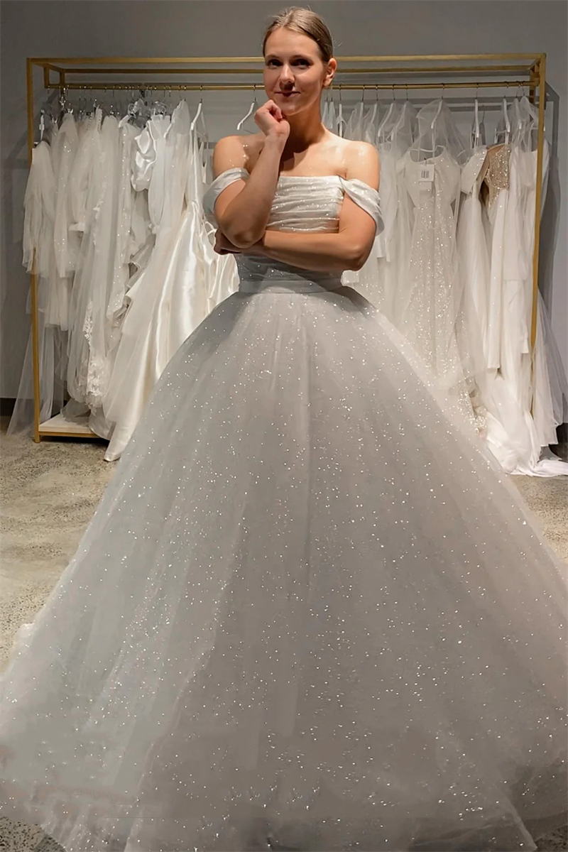 2024 Sparkly White Sequined Tulle A Line Wedding Dresses Floor Length Off The Shoulder Long Bridal Gowns Glitter Bride Dress Custom Made