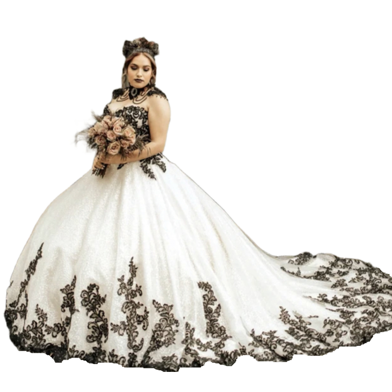 Plus Size Black And White Wedding Dress Lace Appliques Pearls Beaded High Neck Sweetheart Neckline Vintage Long Gothic Bridal Gowns 2024