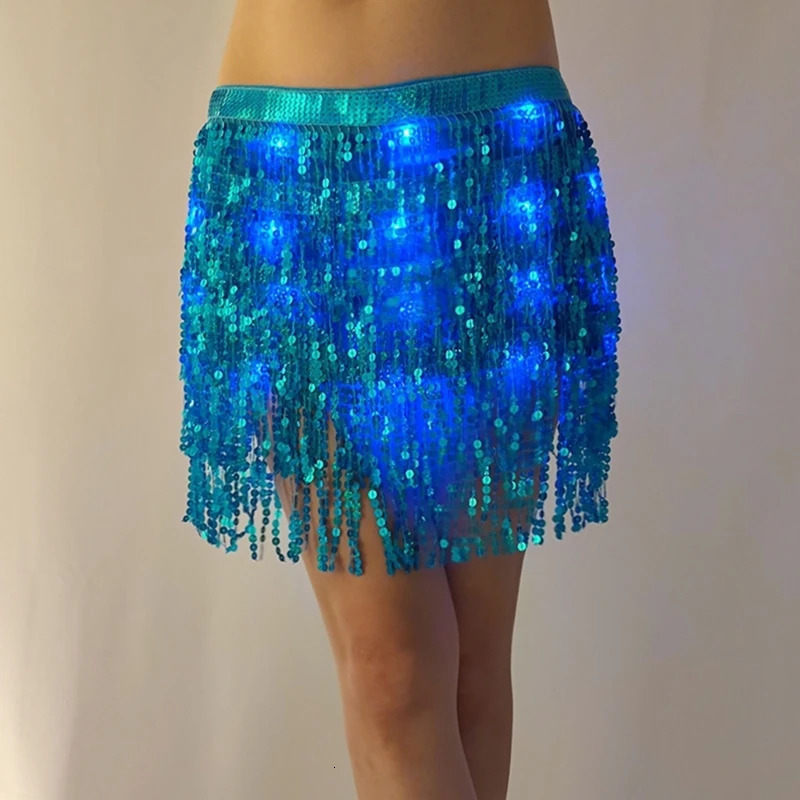 Skirts Women LED Lace-up Sequins Tassels Wrap Mini Skirt Belly Dance Hip Scarf Glitter Waist Chain Stage Performances Costumes Dropship 231121