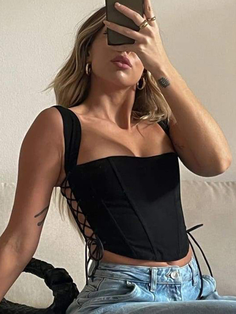 Women's Tanks Camis Hbenna Crop Top Side Bandage Party Sexy Laceup Cut Out Tank Asymmetry Hem Slim Summer Clubwear Streetwear 230422Z