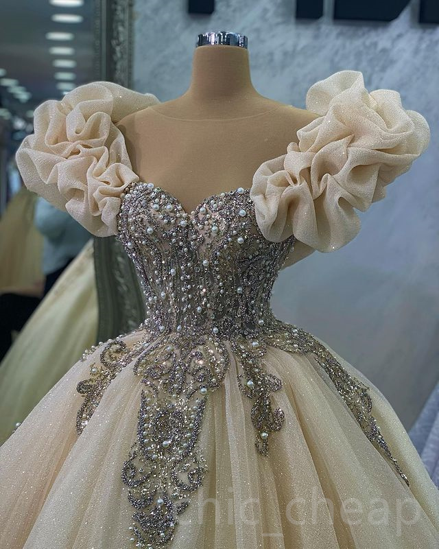 Ebi Pearls Beaded Aso April Quinceanera Dresses Sequined Lace Sheer Neck Ball Gown Crystals Prom Evening Party Pageant Birthday Gowns Dress Zj S 66603