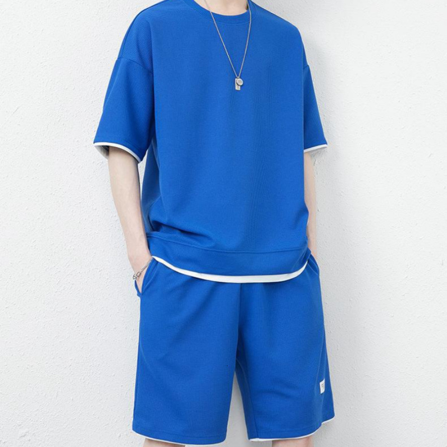 Men's Tracksuits Waffle 2 Piece Men T-Shirt Shorts Sets Summer Tracksuit Fashion Clothing Harajuku Style Casual Korean Loose Sweatsuit 5 Colors 2