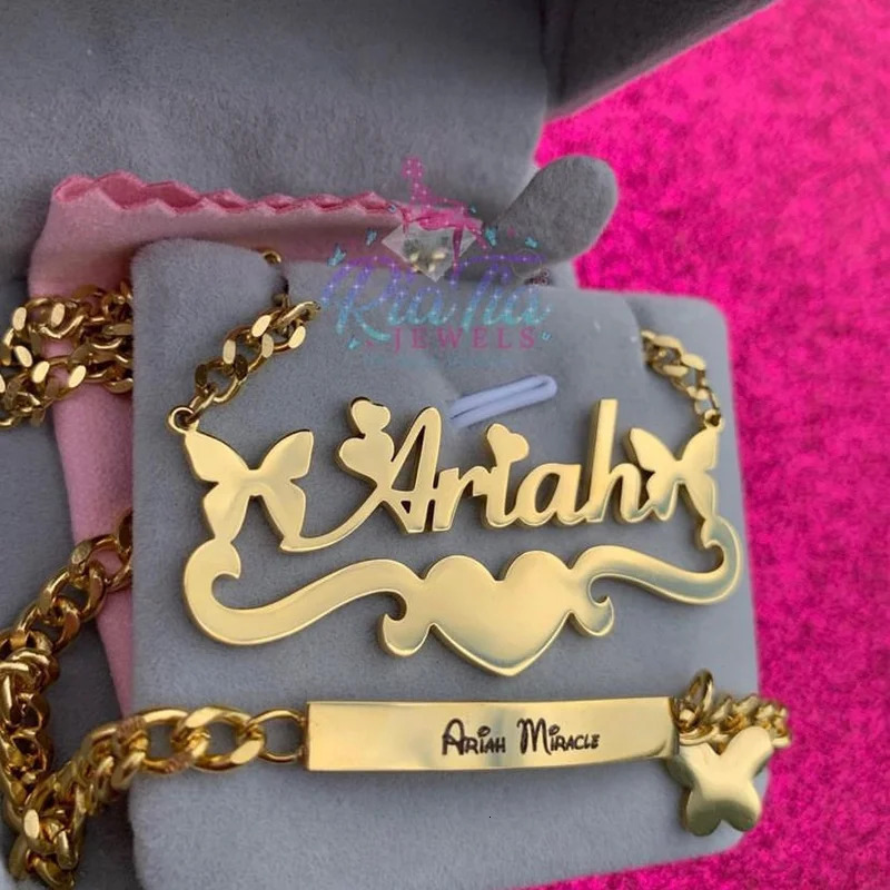 Pendant Necklaces Custom Baby Kid Name Necklace Bracelet Jewelry Set Stainles Steel Gold Color Heart Crown Butterfly Charm Boy Girl Accessories 231122