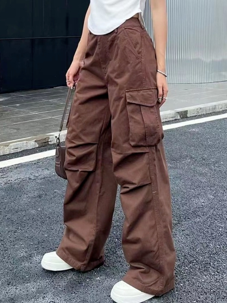 Women's Pants Capris HOUZHOU Y2K Retro White Cargo Pants Women Vintage 90s Aesthetic Oversized Brown Parachute Trousers Female Hippie Wide Pocket
