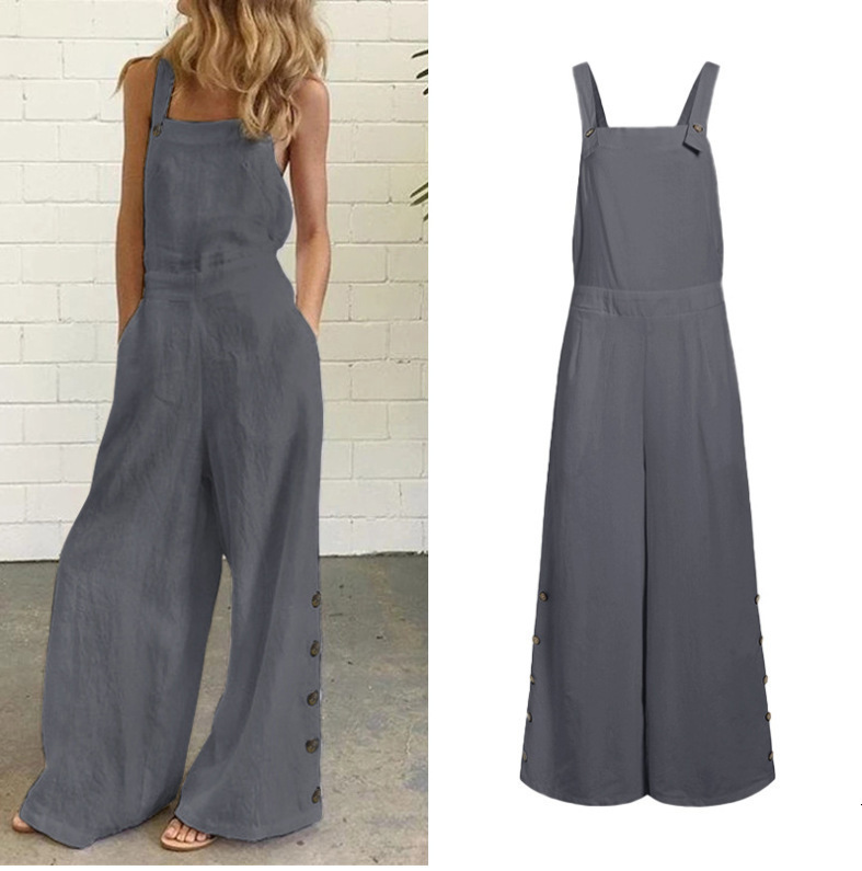 Women's Jumpsuits Rompers Women Jumpsuit Wide Leg Pants Pockets Loose Pure Color Side Buttons Summer Sleeveless Linen Long Trousers 230422