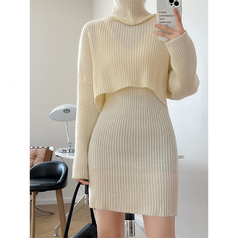 Two Piece Dress Elegant Women Sets Clothes Autumn Winter Turtleneck Sweater Pullover and Vest Dress Two-piece Set Casual Ensemble Femme Outfits 230422