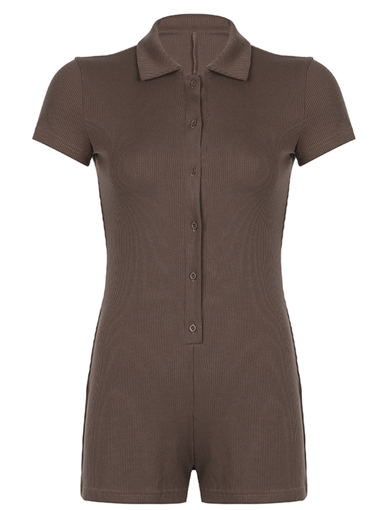Women's Jumpsuits Rompers Rapcopter Single-Breasted Playsuits Brown Knitted Bodysuits Solid Casual Basic Jumpsuits Short Sleeve Overalls Biker Wo