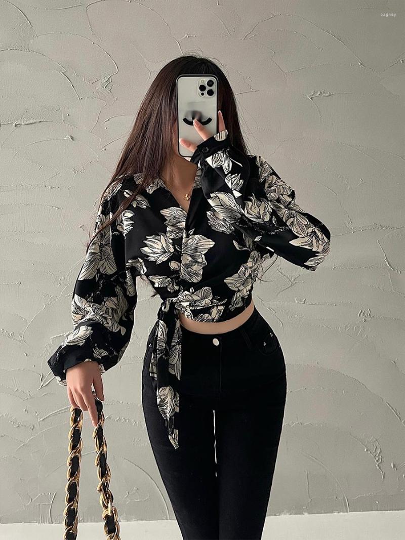 Women's Blouses Sweet Spice Girls Fashion Tie Up High Waist Slim Short Long Sleeve Printed Casual Shirt Top Blouse Korean Tops V8BT