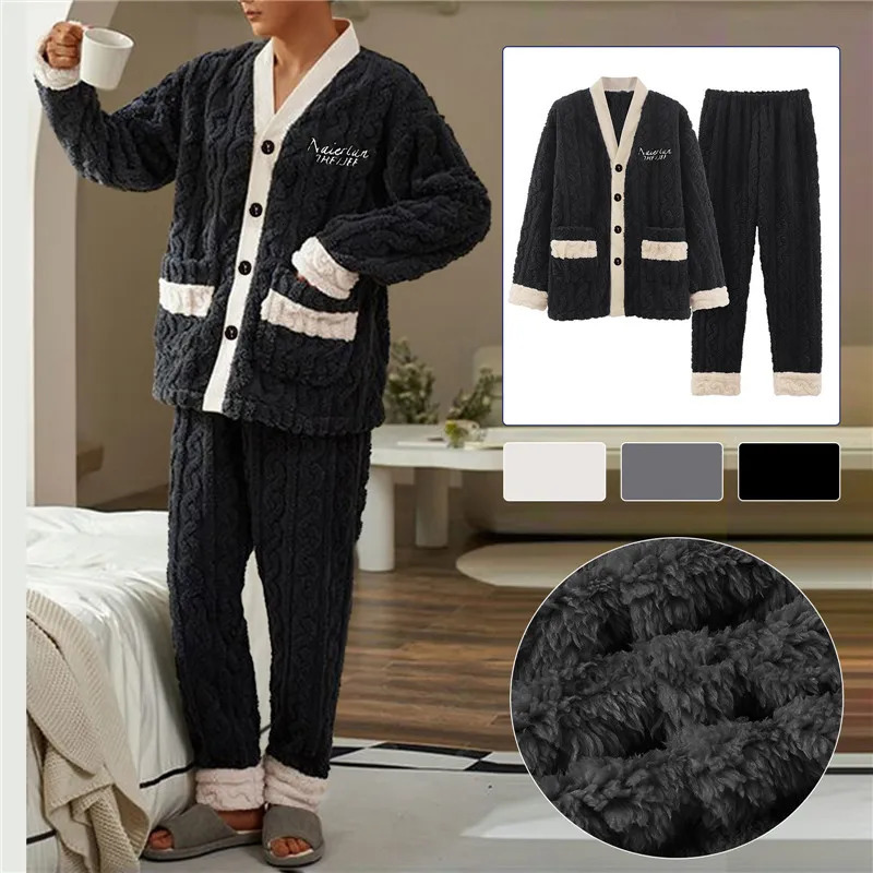 Mens Sleepwear 2024 Men Winter Warm Flannel Pajamas Set VNeck Fluffy Coat Long Pants Male For Sleeping 2 Pieces Housewear 3xl 231122