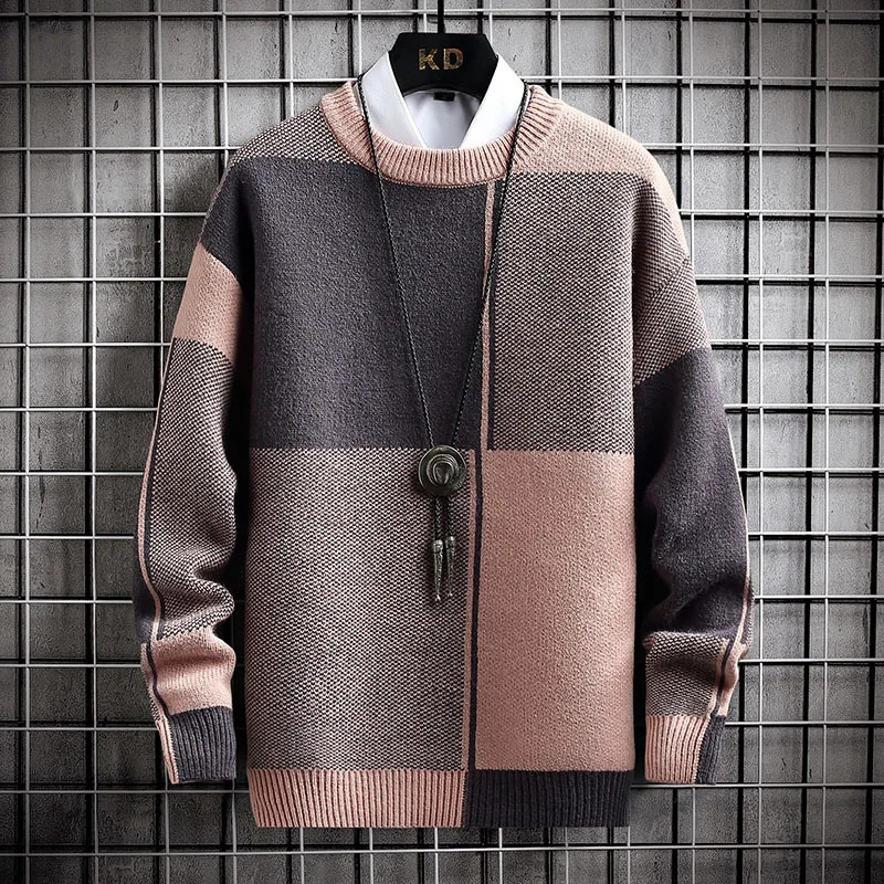 Men's Sweaters Half High Collar Color Blocking Warm Sweater/ High Quality Men Spring Autumn Slim Leisure Korean Long Sleeve Loose Knit Pullover 2