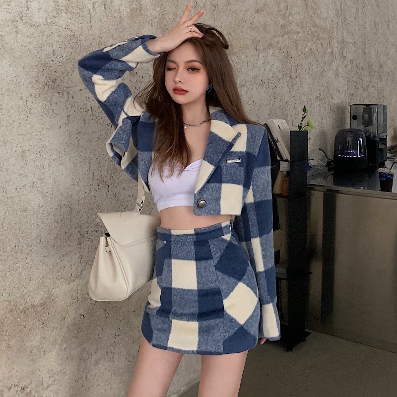 Two Piece Dress Plaid woolen skirt suit female spring season temperament Hong Kong style retro chic two-piece skirt 230422