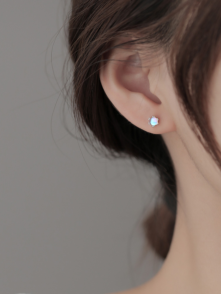 Minimalist Gemstone 925 Sterling Silver Studs Moonstone Elegant Small Stud Earring Cabochon Earrings Silver