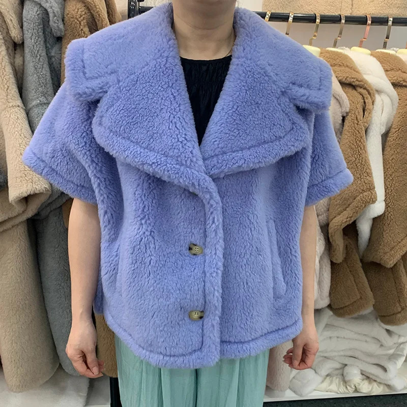 Women's Fur Faux Fur Winter Teddy Bear Coat Women Alpaca Wool Cloak Loose Thick Warm Real Fur Outerwear Max camel Teddy Cape Camel Fur Coat TD584