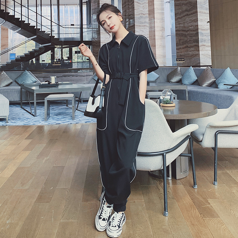 Women's Jumpsuits Rompers Summer Jumpsuit Women Streetwear Hip Hop Reflective Stripe Short Sleeve Lapel Zipper Harem Overalls Pants Sets Romper 2