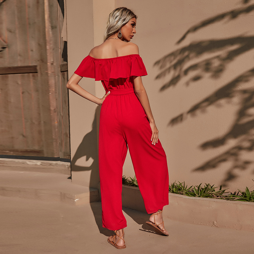 Women's Jumpsuits Rompers Spring and Summer Ladies Red Slash Neck Lotus Leaf Sleeve Strapless Belt Thin Pants 230422