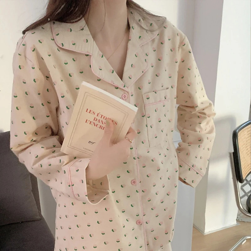 Womens Sleepwear Cotton Korean Pajamas Women Autumn Cute Heart Print Pyjamas Long Sleeve Pijama Female Set Negligee Cardigan Suit 231122