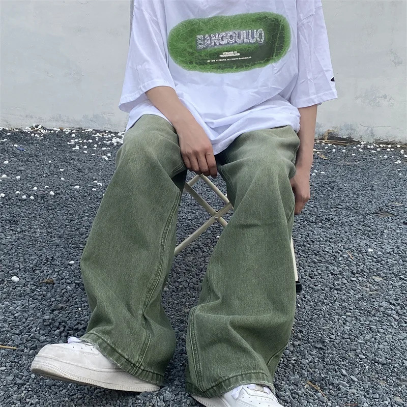 Men's Jeans HOUZHOU Green Jeans Baggy Distressed Vintage Denim Trousers Male Wide Leg Pants Men Streetwear Retro Oversize Casual Hip Hop 231122