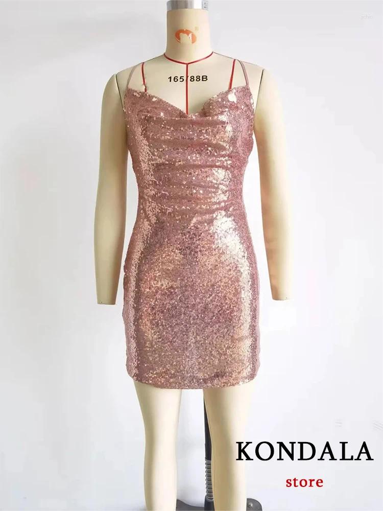 Casual Dresses KONDALA Sexy Shiny Sequins Sheath Party Mini Dress Women Fashion 2024 Backless V Neck Elegant Night Club Cami
