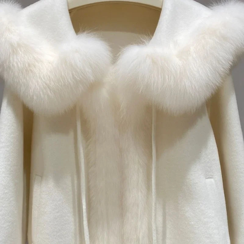 Women's Fur Faux Fur Reversible Cashmere Coat Fox Fur Mixed Fur Cloak Woolen Coat 231121
