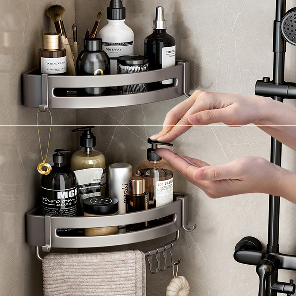Bathroom Shelves Bathroom Shelves No Drill Triangular Shower Rack Wall-mounted Space Aluminum Toilet Corner Shelf Gun Grey Bathroom Storage Rack 23042