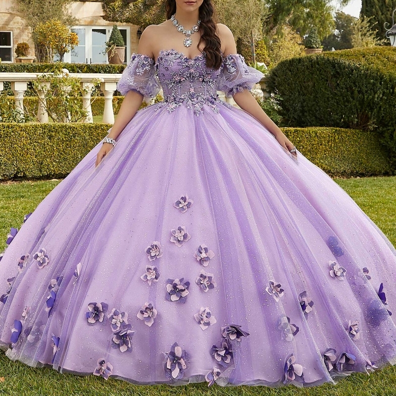 2024 Gorgeous Lavender Sweetheart Ball Gowns Off The Shoulder 3D-ral Lace Beads Tulle 15 Girl Women Quinceanera Prom Dresses
