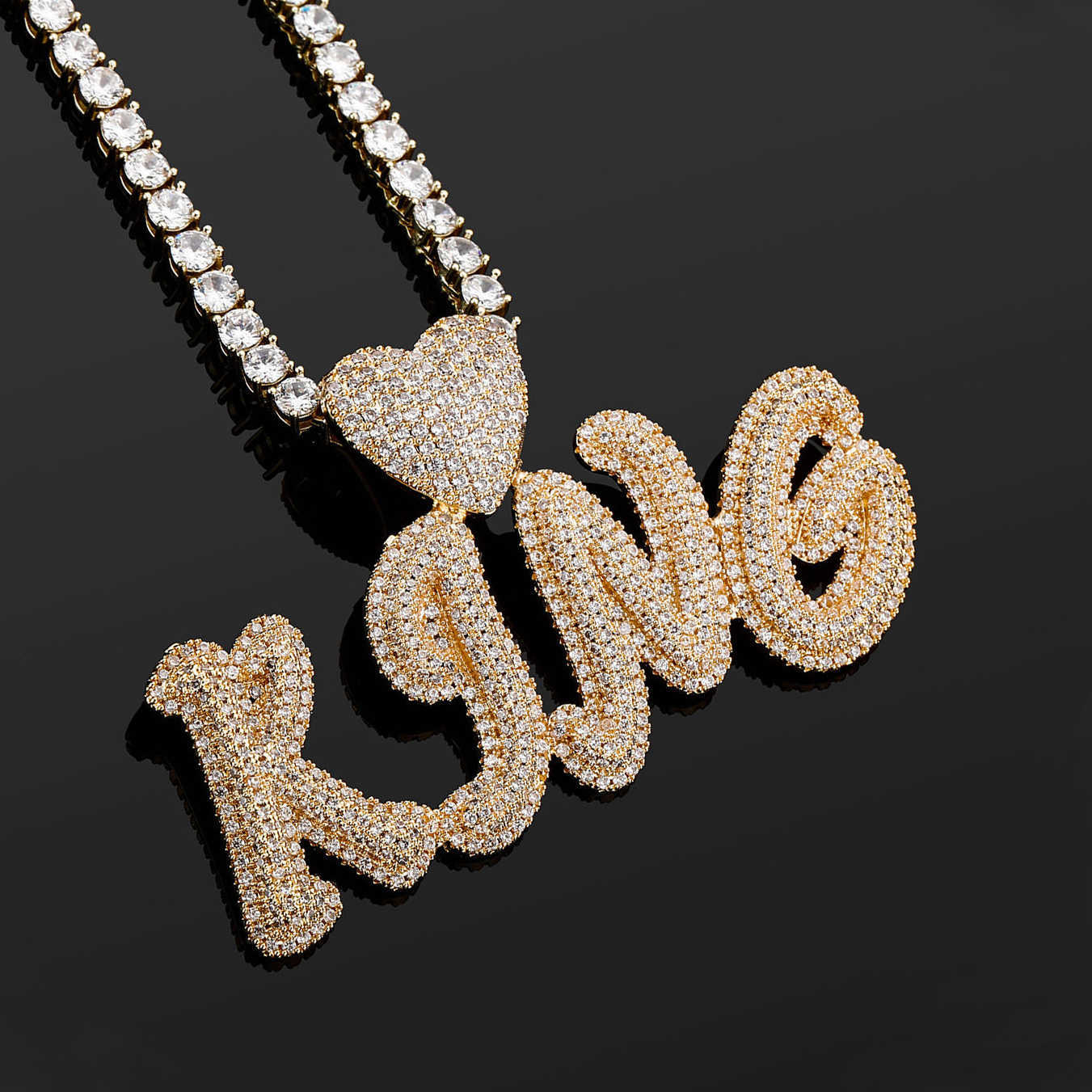 Best Selling Capital Letters Mosaic King Heart Charm Pendant Necklace Mens 14K White Gold Full Bling Cubic Zirconia CZ Stone Hip Hop Personalized Jewe