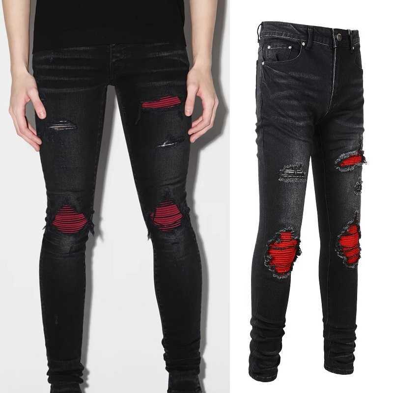 Designer Clothing Fashion Denim Pants Amiiri 22SS New High Street Trend Brand Combination Leather Red Patch Hole Breaking Elastic Slim Fit Black Jeans Men
Designer Clothing Fashion Denim Pants Amiiri 22SS New High Street Trend Brand Combination Leather Red Patch Hole Breaking Elastic Slim Fit Black Jeans Men