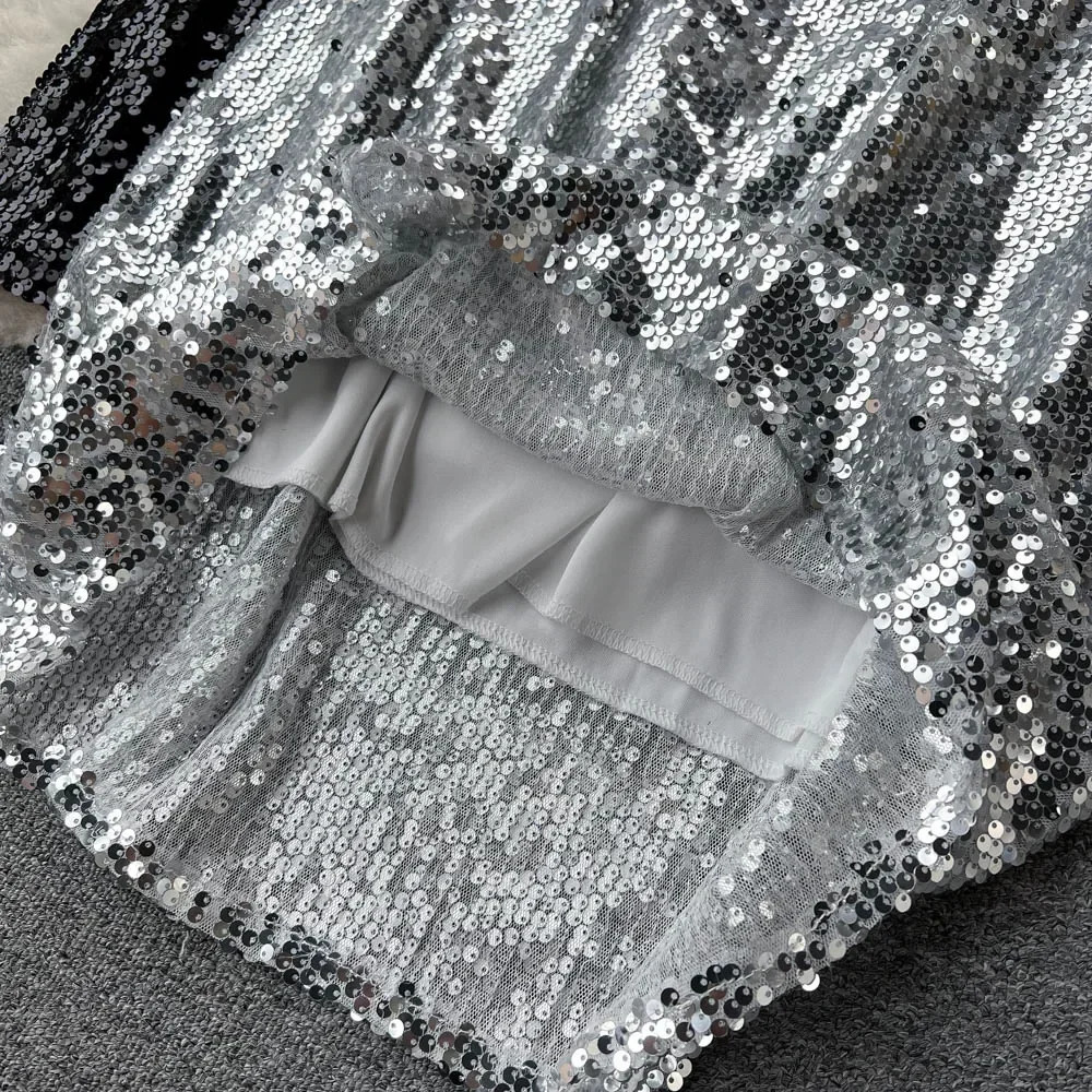 Skirts Women Glitter Sequins High Waist Sexy Skirt Party Fashion Vintage A-line Black Silver Skirts Goth Spring Summer Clothing 231121